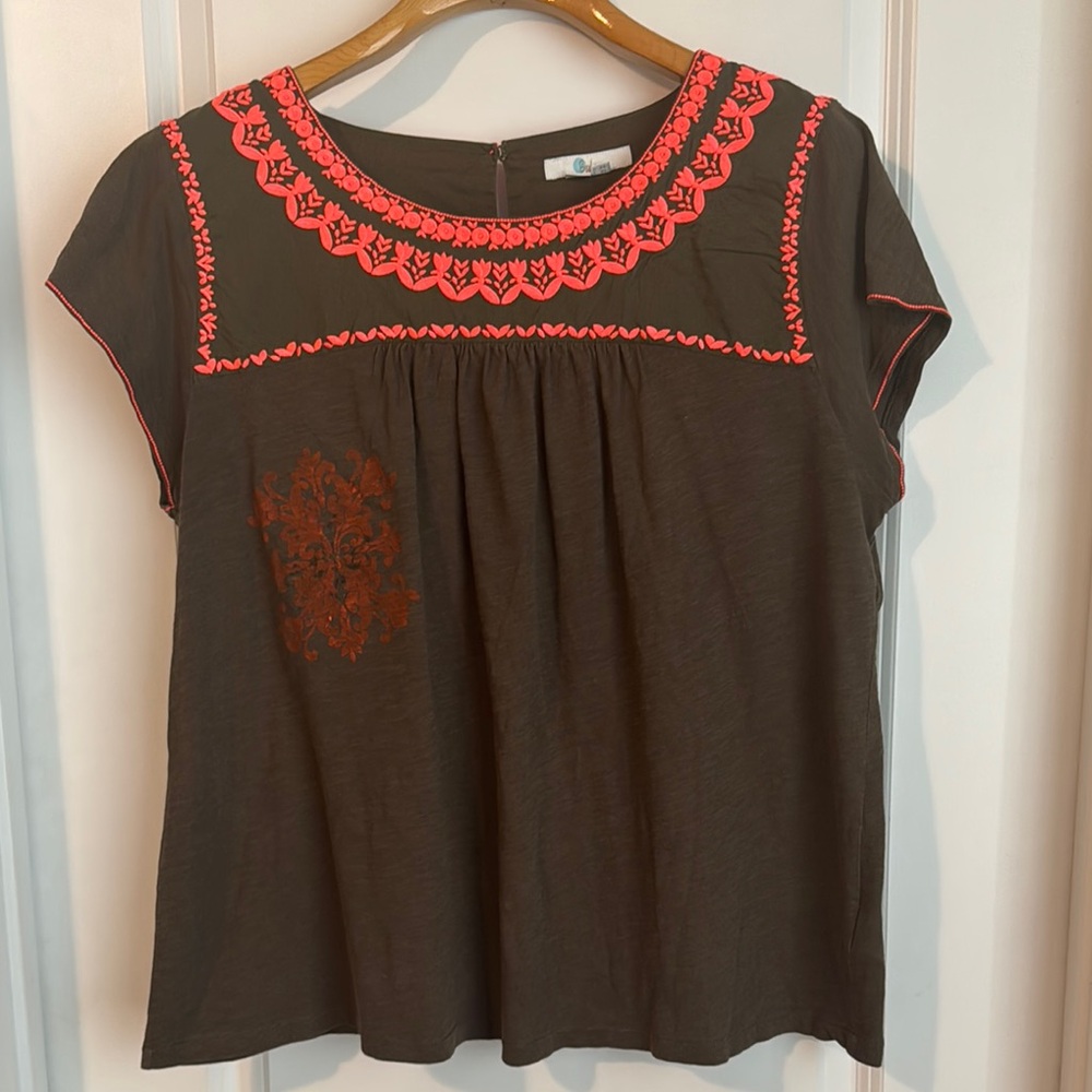 Boden Relaxed Brown and Orange Embellished Cap Sleeve Blouse